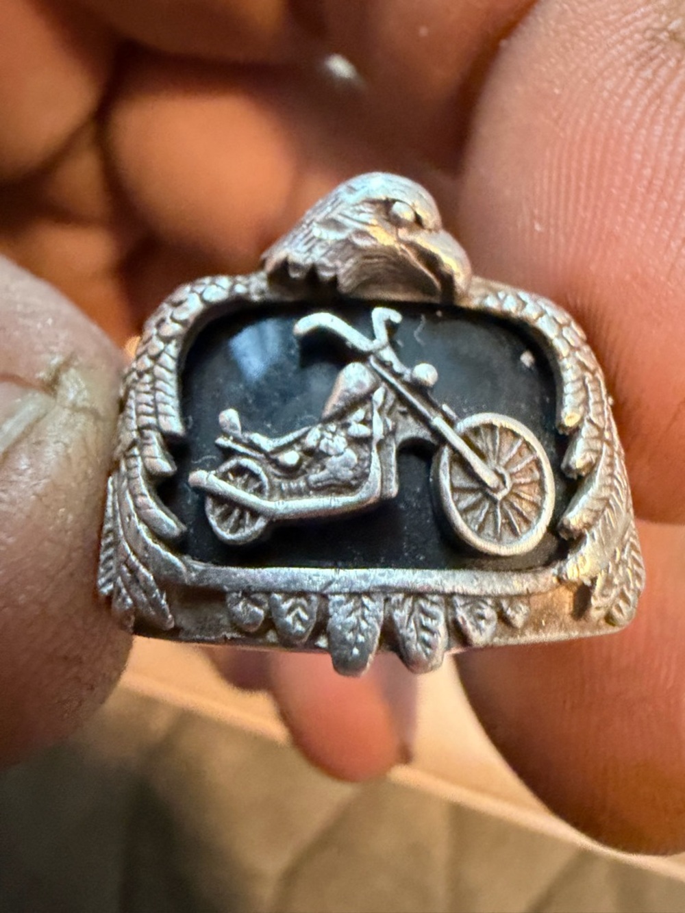 Sterling Silver Motorcycle Eagle Signet Ring - Black Stone